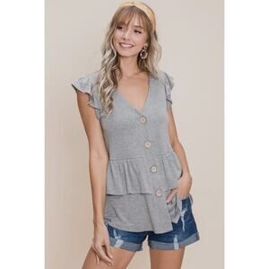 EMERALD COLLECTION - SOLID BUTTON FLUTTER SLEEVE TOP WITH RUFFLE